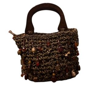 Blue Miami Woven Straw Raffia Purse Hand Bag Beaded Brown and wooden handles.